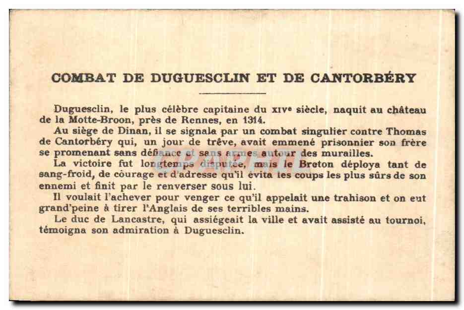 Chromo Duguesclin Et Thomas De Cantorbery Militaria Chevalier  — Rückseite