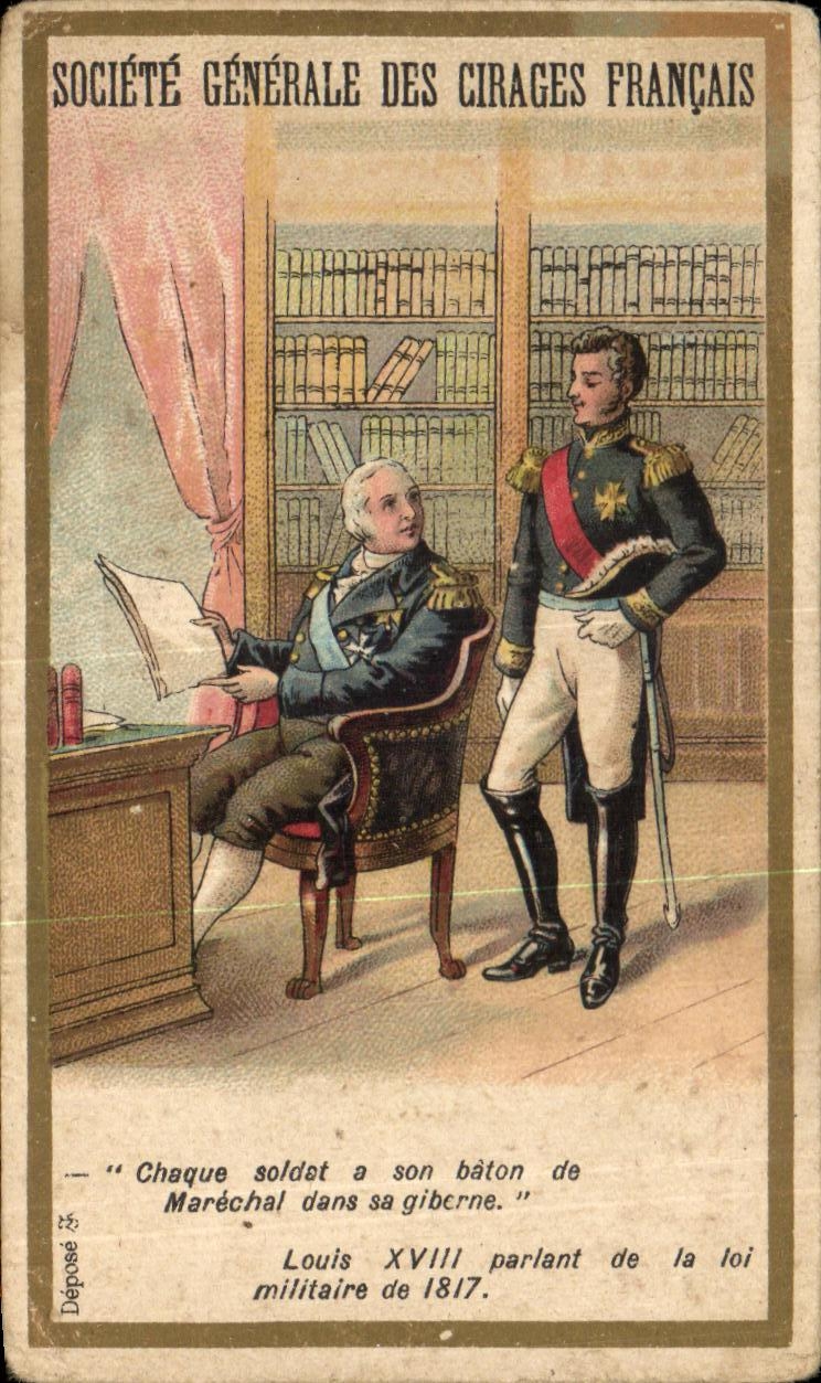 Chromo Societe Generale Des Cirages Francais Paris Louis XVIII parlant de la loi militaire de 1817