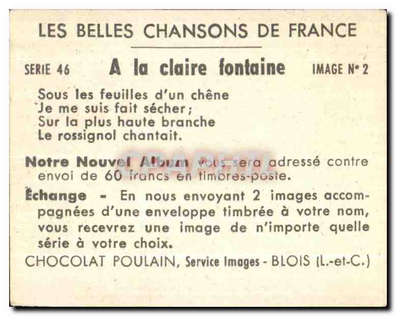 Image Chocolat Poulain A la claire fontaine — Verso
