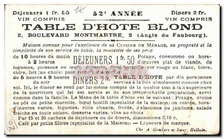 Image Table D'Hote Blon Boulevard Montmartre Paris Militaria  — Back