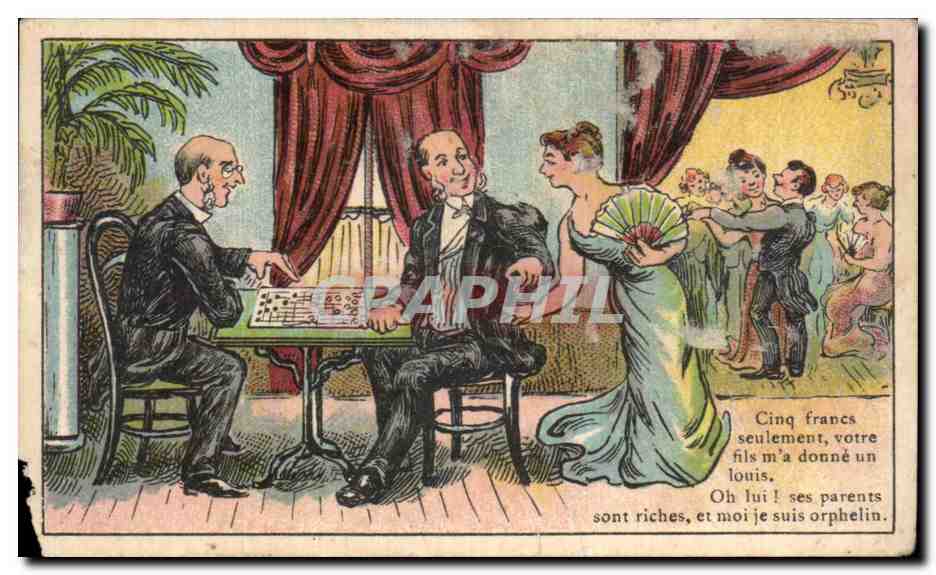 Chromo Cinq Francs seulement votre fils m'a donne un louis Femme Eventail Belle Jardiniere Beriot lille 