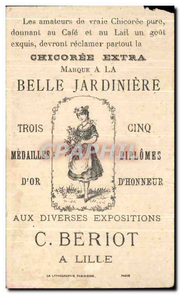 Chromo Cinq Francs seulement votre fils m'a donne un louis Femme Eventail Belle Jardiniere Beriot lille  — Verso