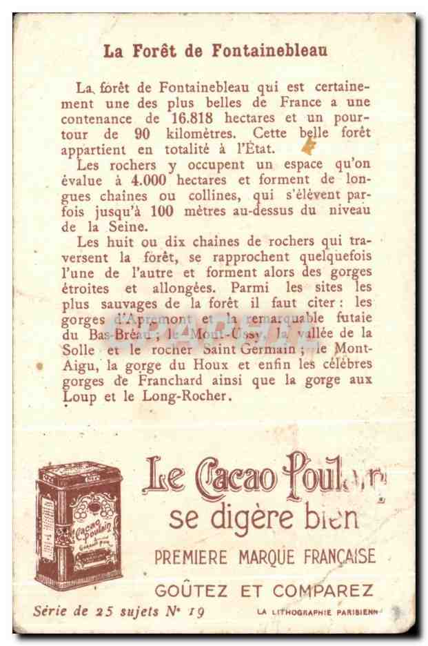 Chromo Chocolat Poulain Orange e'est le meilleur La France Pittoresque La Foret de Fontainebleau — Rückseite