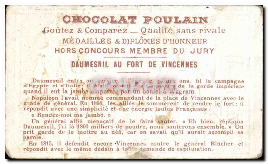 Chromo Chocolat Poulain Daumesnil A Vincennes  — Verso