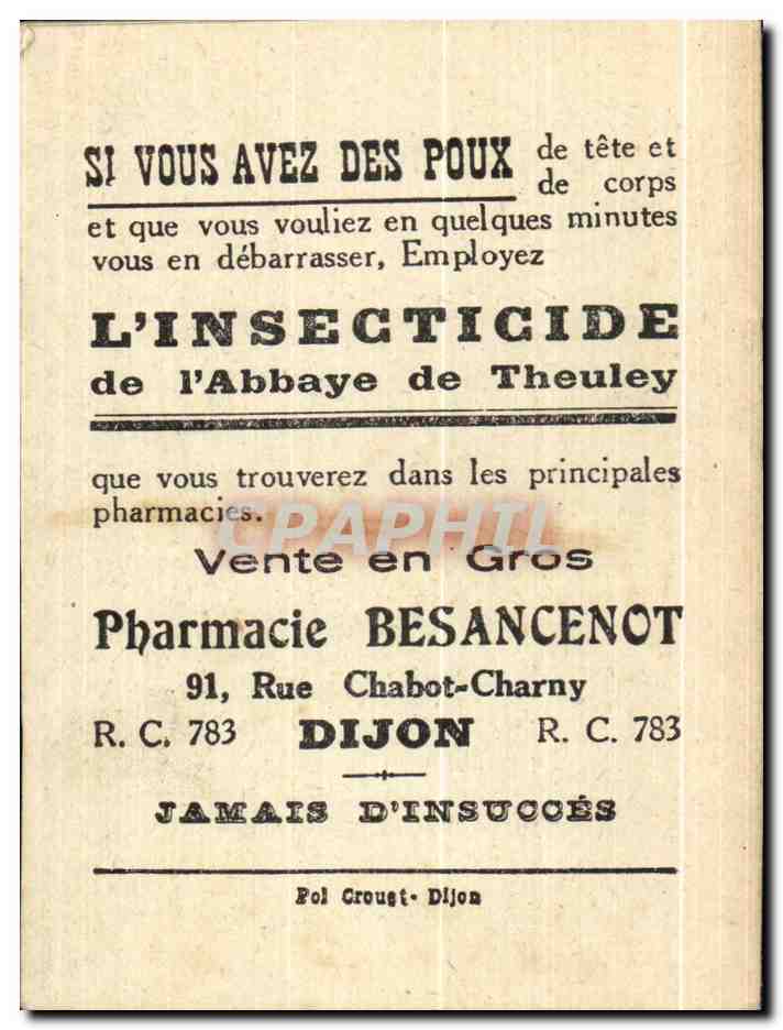 Album de devinettes L'insecticide Abbaye de Theuley Pharmacie Besancenot Rue Chabot Charny Dijon  — Rückseite