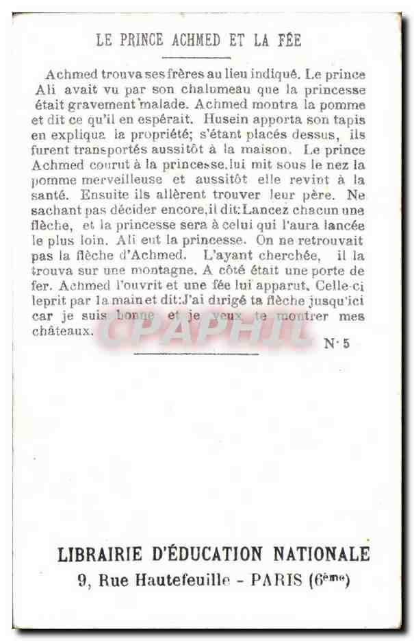 Image Le Prince Achmed Et La Fee Rue Hautefeuille Paris Librairie d'Education Nationale  — Verso