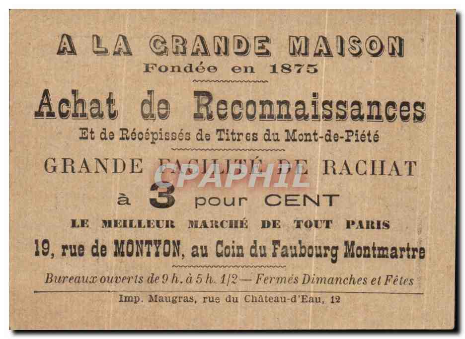 Chromo A La Grande Maison Fondee Achat de Reconnaissances Rue de Montyon Coin du faubourg Montmartre Paris Giralduc Actr — Rückseite