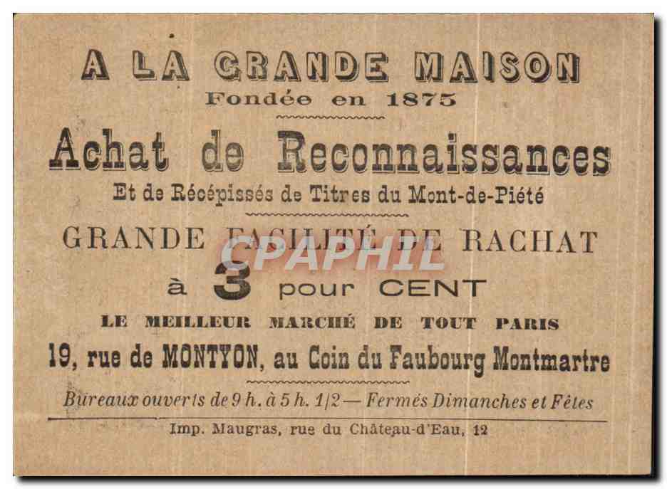 Chromo A La Grande Maison Fondee Achat de Reconnaissances Rue de Montyon Coin du faubourg Montmartre Paris Giralduc Actr — Verso