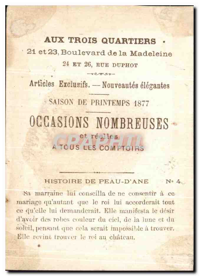 Chromo Aux Trois Quartiers Histoire de peau d'ane Rue Duphot Conte de Perrault — Verso