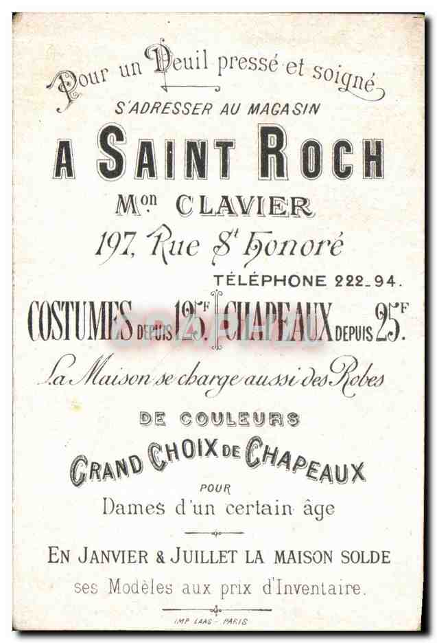 Chromo Pour un Deuil presse et soigne Saint Roch Clavier Rue St honore  — Verso