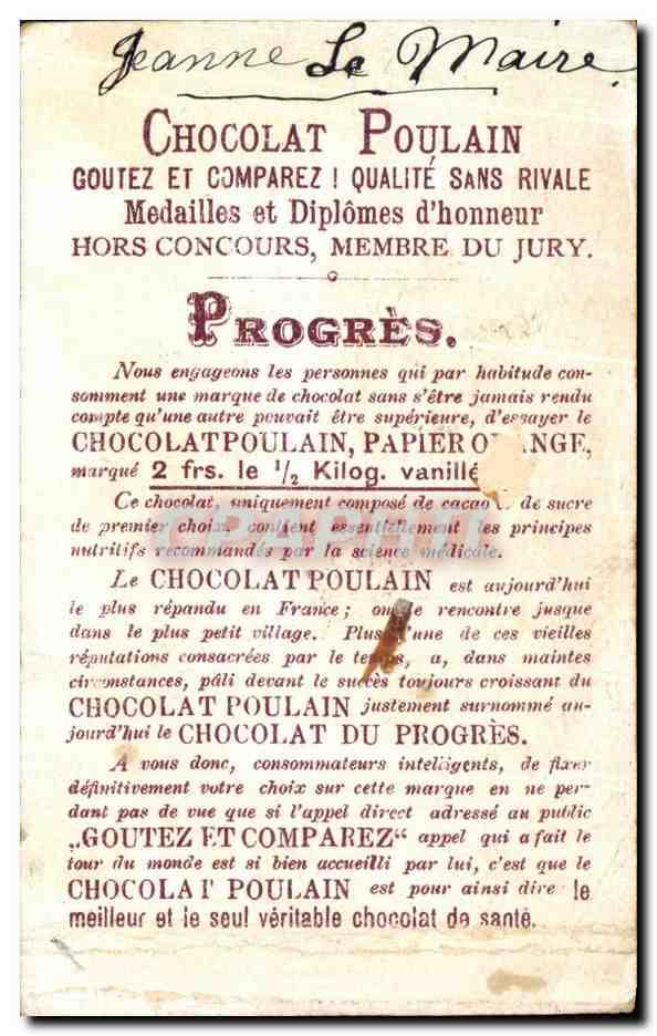 Chromo chocolat Poulain Coq et poule  — Verso