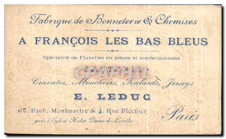 Chromo Sur la Plage A Francois les Bas bleus Ganterie Leduc FAubourg Montmartre Paris Eglise Notre Dame de Lorette — Rückseite
