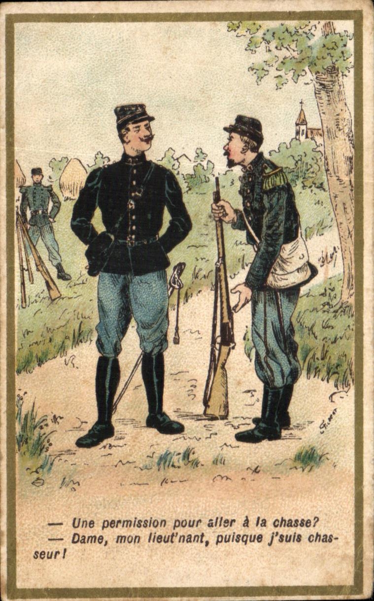 Chromo Une permission pour aller a la chasse Militaria Thuvin Meulan 