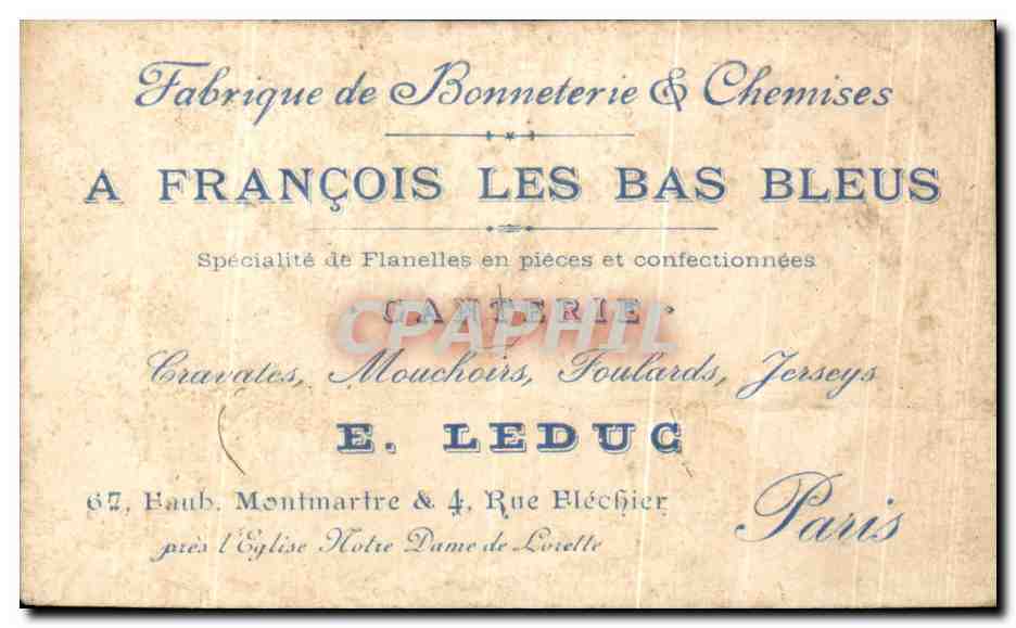 Chromo Romance Sentimentale A Francois les Bas bleus Ganterie Leduc FAubourg Montmartre Paris Eglise Notre Dame Piano — Verso