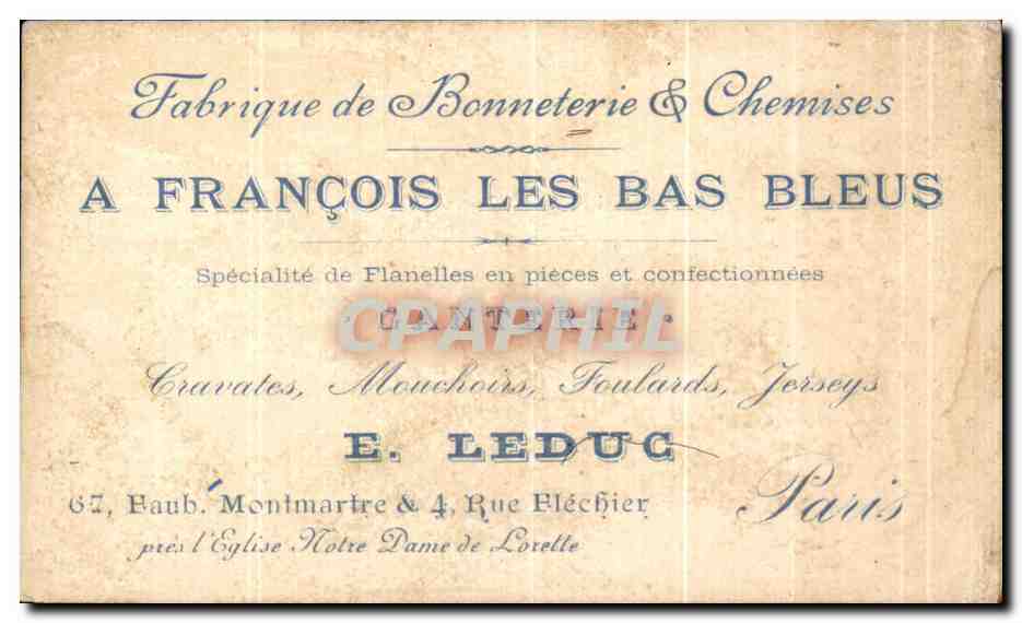Chromo On a Souvent Besoin d'un Plus Petit que soi A Francois Bas bleus Ganterie Leduc Faubourg Montmartre Paris Cheval — Back