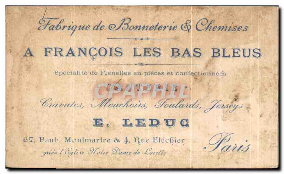 Chromo Cordon S'il Vous Plait A Francois les Bas bleus Ganterie Leduc Grand pere Chat Perroquet — Rückseite