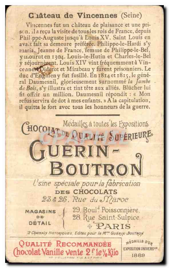 Chromo Chocolat Guerin Boutron Chateau De Vincennes  — Verso