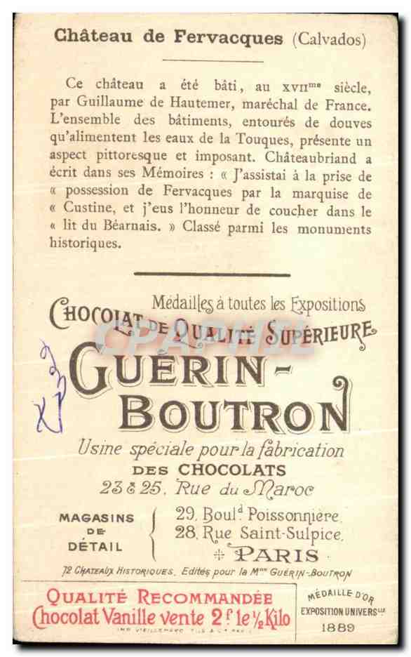 Chromo Chocolat Guerin Boutron Chateau De Fervacques calavdos — Rückseite