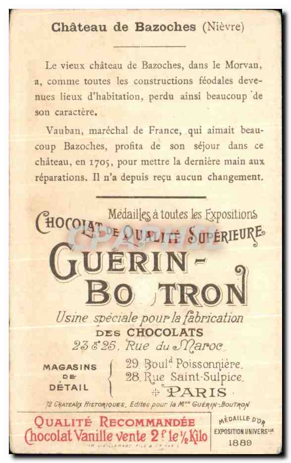 Chromo Chocolat Guerin Boutron Chateau De Bazoches Nievre  — Rückseite