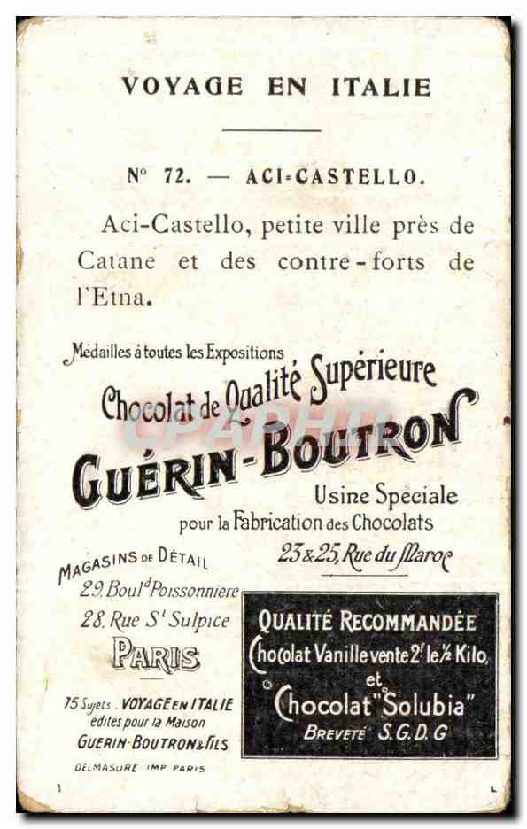 Chromo Chocolat Guerin Boutron Aci Castello Voyage en Italie — Rückseite
