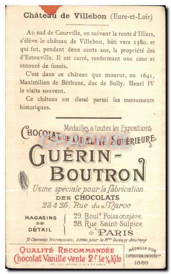 Chromo Chocolat Guerin Boutron Chateau De Villebon Eure et Loir — Rückseite