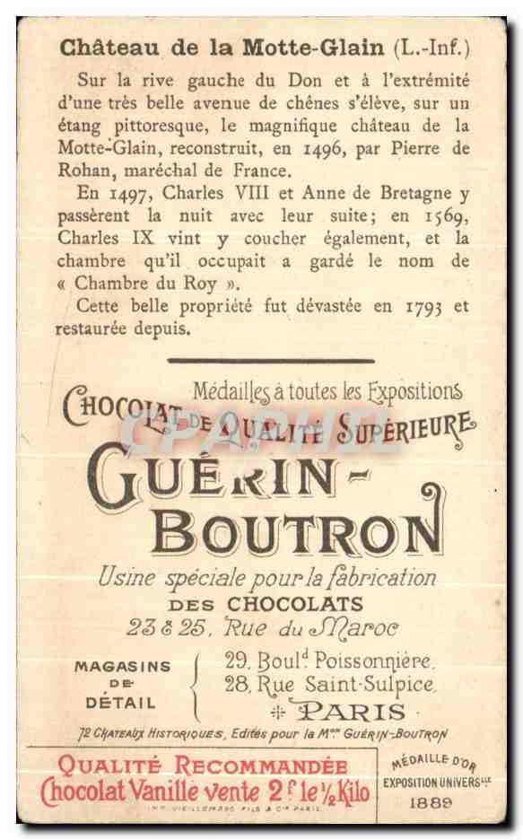 Chromo Chocolat Guerin Boutron Chateau De La Motte Glain Loire inferieur  — Verso