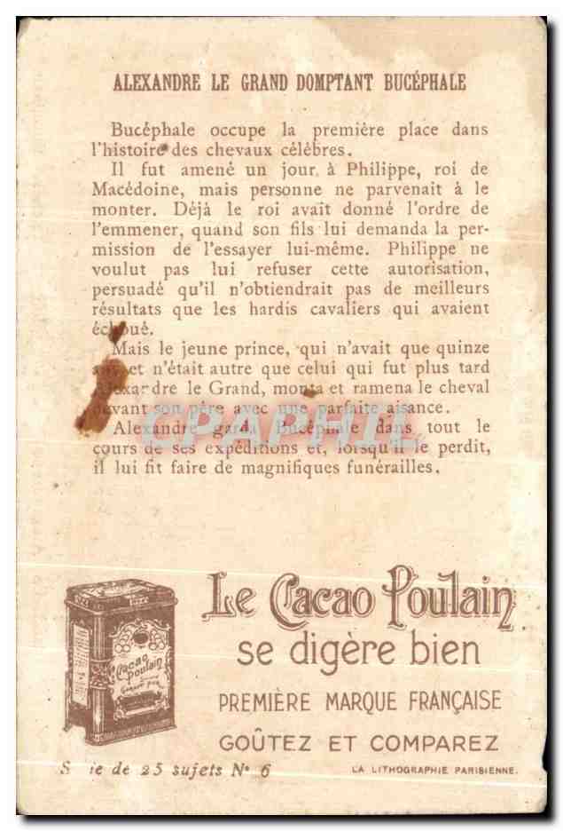 Chromo Exigez Le Chocolat Poulain Orange Alexandre le Grand Cheval bucephale  — Back