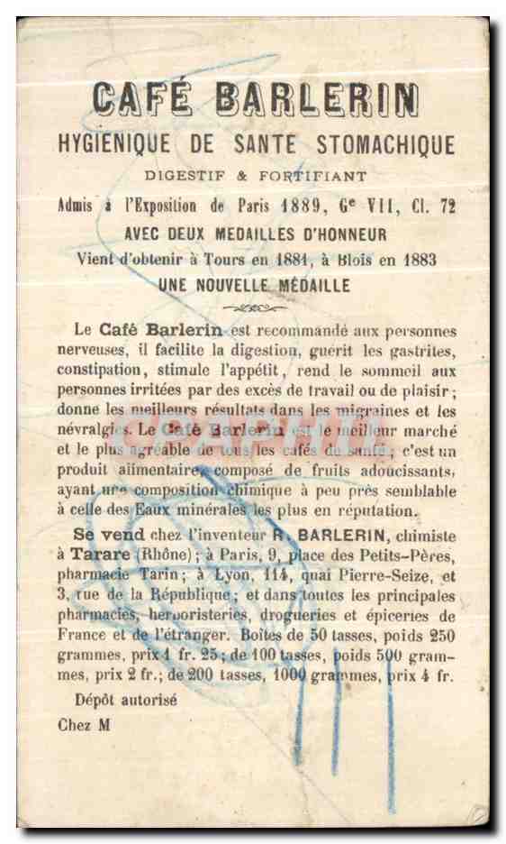 Chromo Ministere De La Guerre Postes Et Telegraphes Tour Eiffel Cafe Barlerin Paris  — Verso