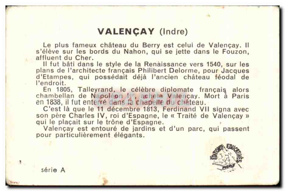 Image Valencay Le plus Fameux Chateau De Berry Est — Verso