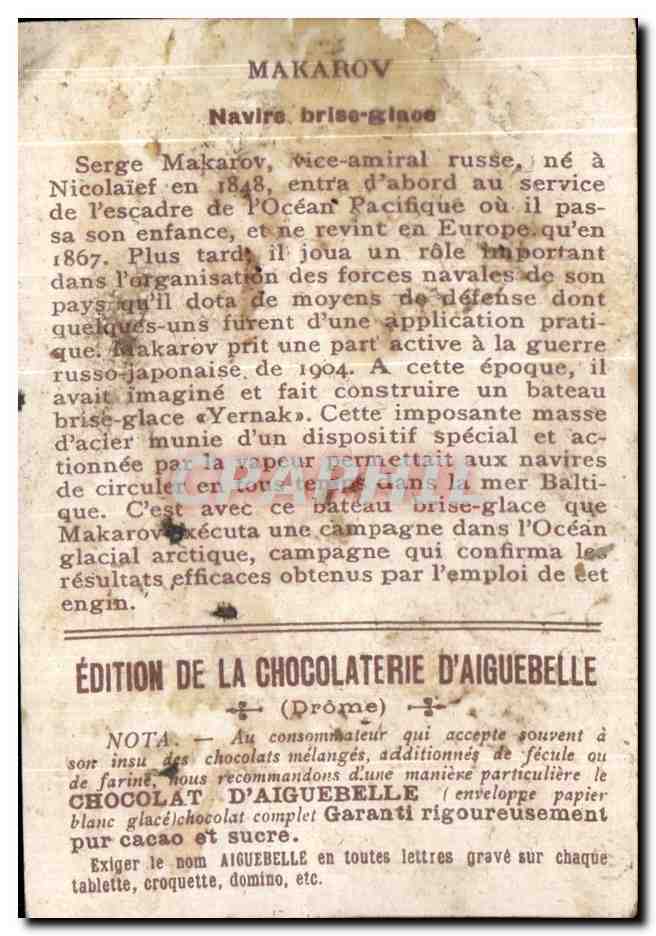 Chromo Navire Brise Glace chocolat d'Aiguebelle Bateau Amiral Makarov  — Rückseite