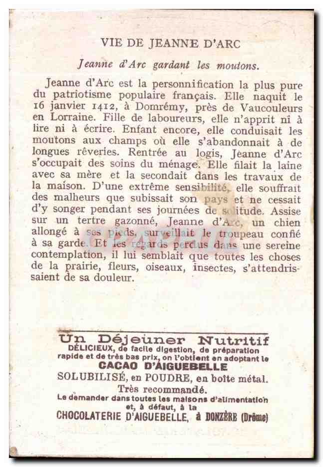 Chromo Chocolaterie D'Aiguebelle Vie de Jeanne d'arc Moutons Chien  — Rückseite