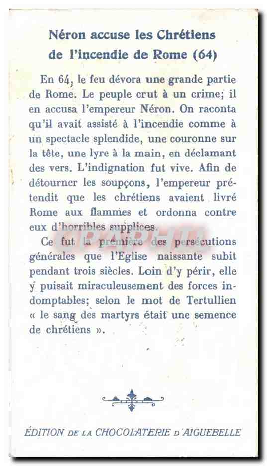 Chromo Chocolaterie D'Aiguebelle (Drome) Nerona ccuse les chretiens de l'incendie de Rome  — Rückseite
