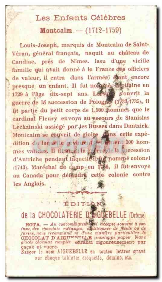 Chromo Edition de la Chocolaterie D'Aiguebelle (Drome) Moncalm 1712 1759 Militaria  — Rückseite