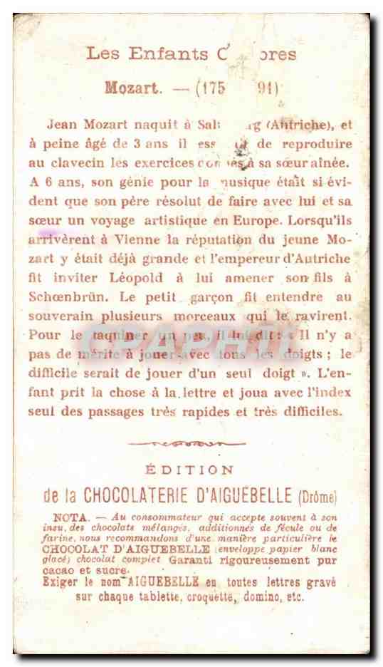 Chromo Edition de la Chocolaterie D'Aiguebelle (Drome) Mozart Piano Musique  — Verso