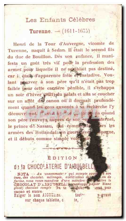 Chromo Edition de la Chocolaterie D'Aiguebelle (Drome) Turenne Canon Militaria  — Verso