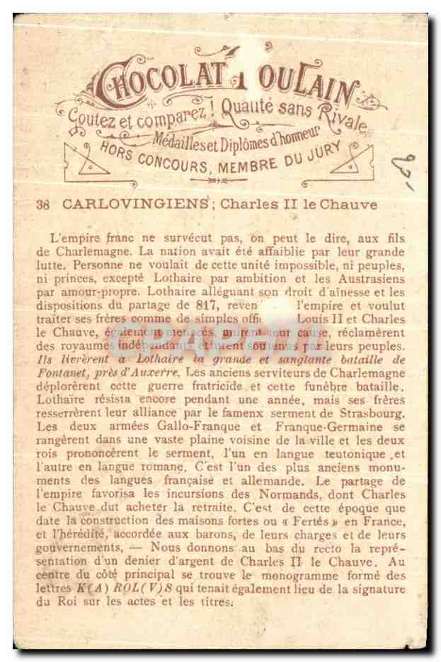 Chromo Chocolat Poulain Histoire Generale Des Monnaies Charles II le chauve  — Back