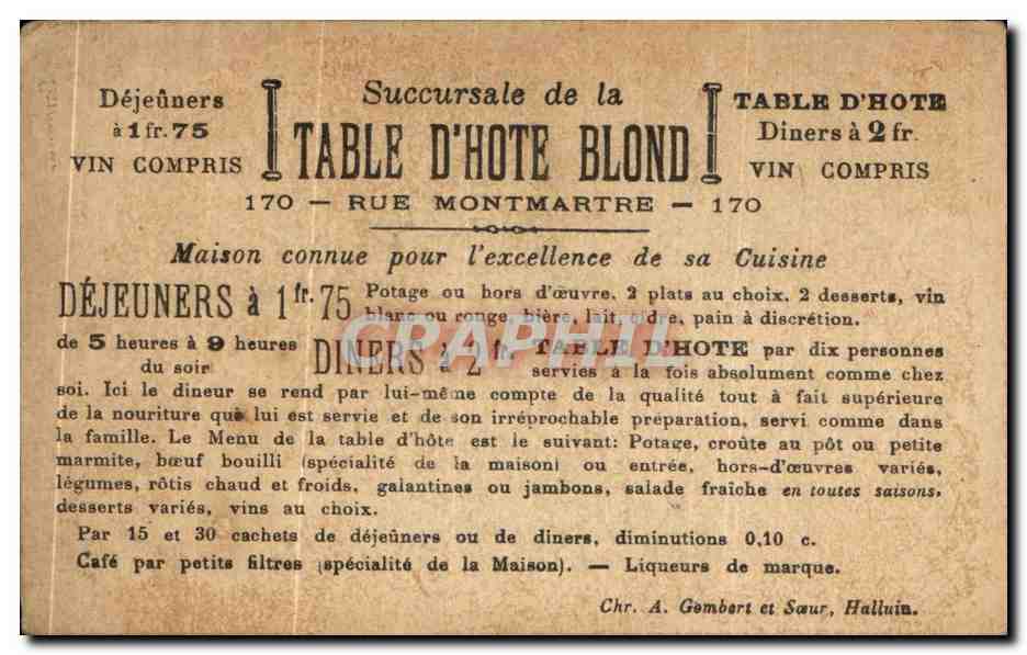 Chromo Succursale de la Table D'hote Blond rue Montmartre Maison connue pour l'excellence de sa Cuisine Paris Militaria  — Rückseite