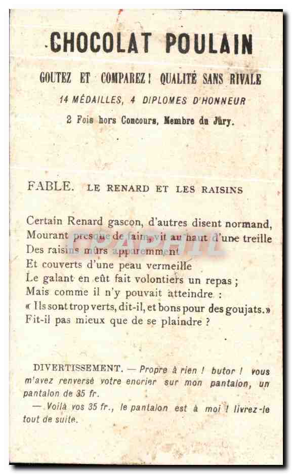 Le Renard et les Raisins — Chocolat Poulain — Une mauvaise plaisanterie — Rückseite