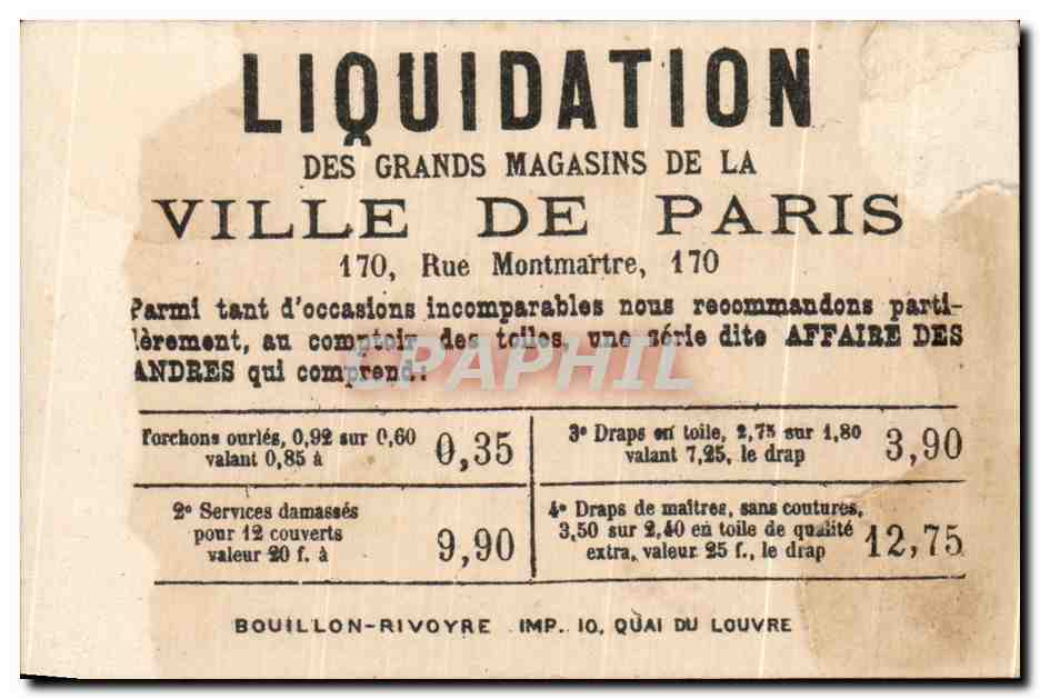 Chromo A La Ville De Paris Liquidation Enfants Rue Montmartre — Verso