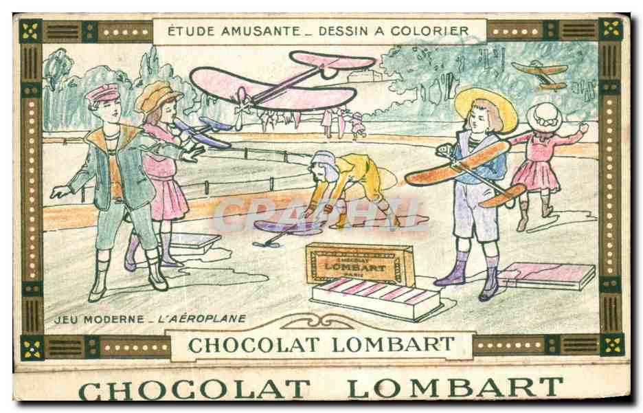 Chromo Etude Amusante dessin A Colorier Jeu Moderne L'Aeroplane Chocolat Lombart Chocolat Lombart Avions Enfants