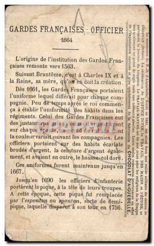 Chromo Anciens Costumes Militaires Francais Chocolat D'Aiguebelle Gardes Francaises Militaria  — Rückseite