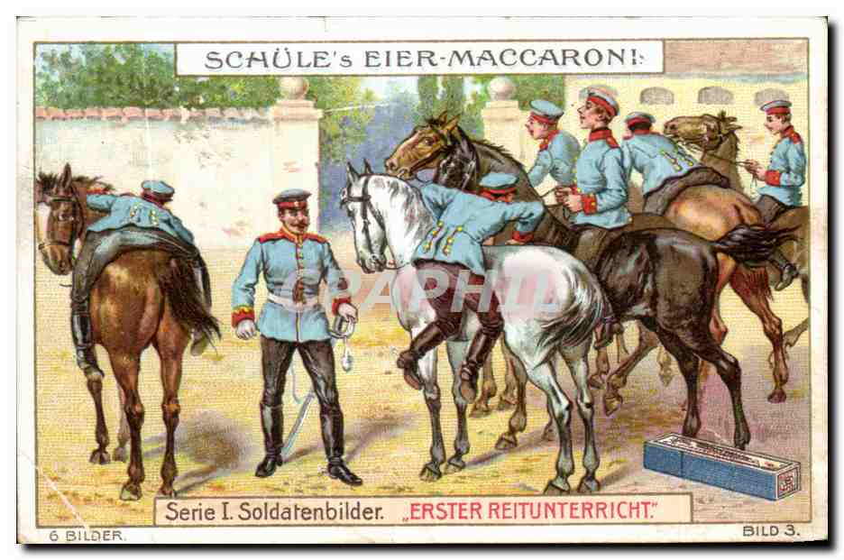 Chromo Schaule's Eier Maccaroni Seire Soldatenbilder Erster Reitunterricht Militaria 
