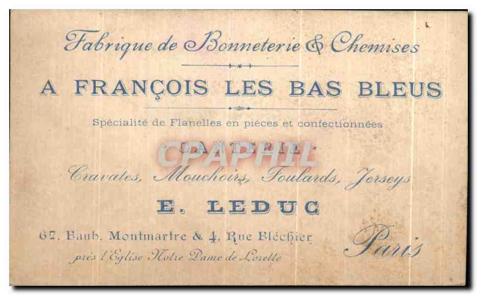 Chromo A Francois Les Bas Bleus Specialite de Flanelles en pieces et contectionees Chasseur Chasse — Rückseite