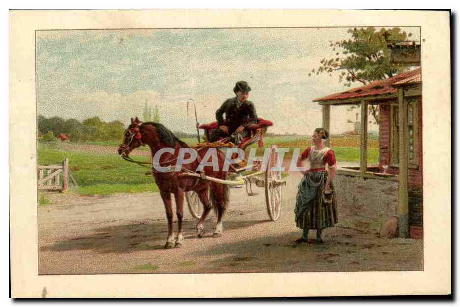 Scène de campagne — homme en calèche et femme près d'un kiosque — éditeur non visible