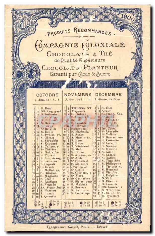 Chromo Compagnie Coloniale Chocolats et Thes Chien Calendrier — Rückseite