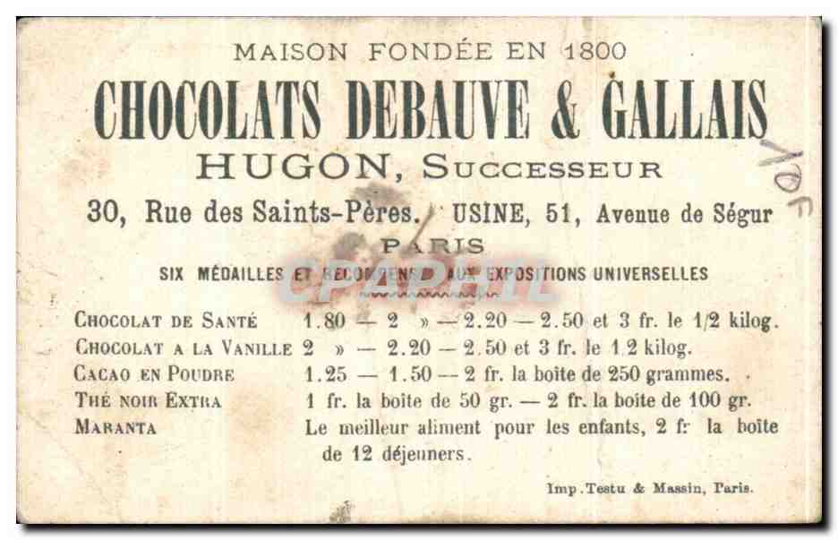 Chromo Chocolat Debauve et Gallais Enfant oeuf  — Rückseite