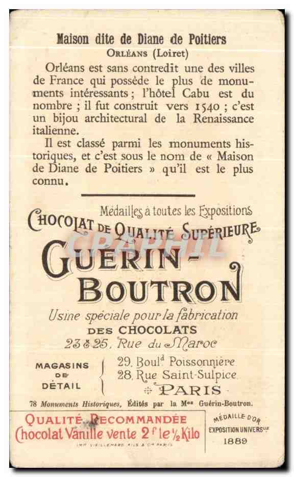 Chromo Maison De Diane De Poitiers Orleans Chocolat Guerin Boutron  — Rückseite