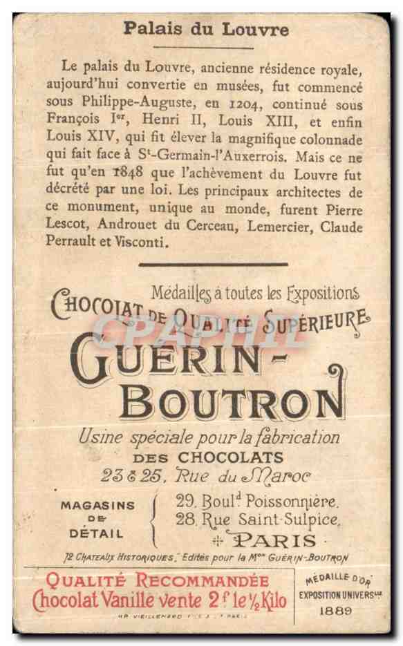 Chromo Chocolat Guerin Boutron Palais Du Louvre Paris  — Rückseite