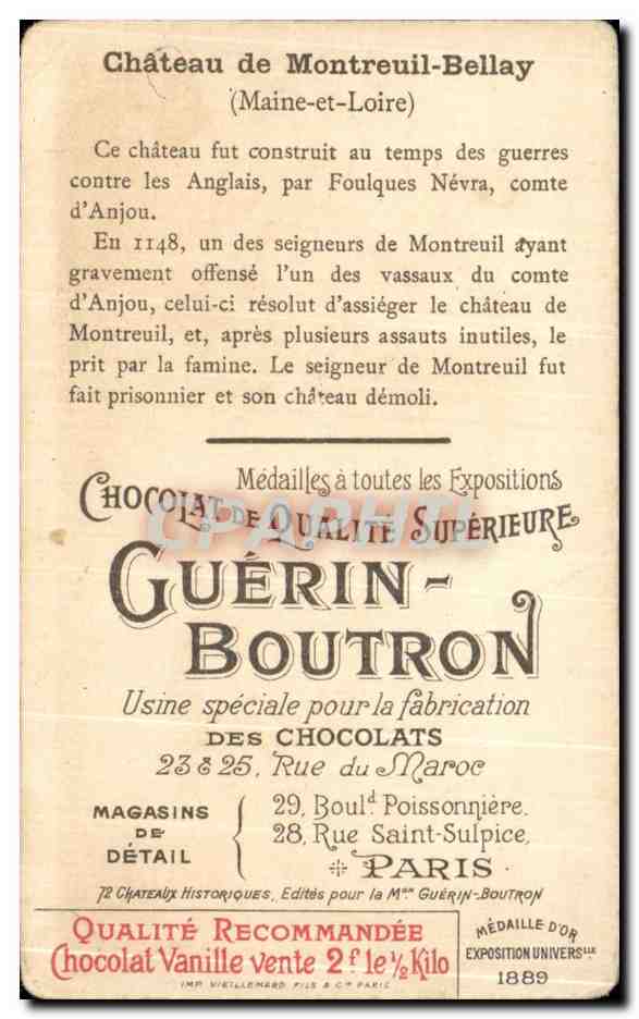 Chromo Chocolat Guerin Boutron Chateau De Montreuil Bellay  — Rückseite