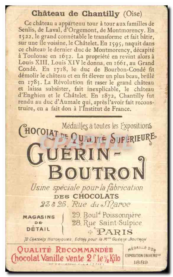 Chromo Chocolat Guerin Boutron Chateau De Chantilly — Verso